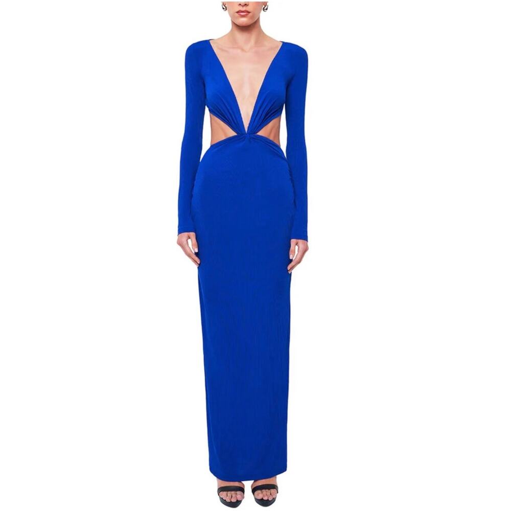 OW Collection Maxi Dress Blue Long Sleeve V Neckline Cut Out Waist New